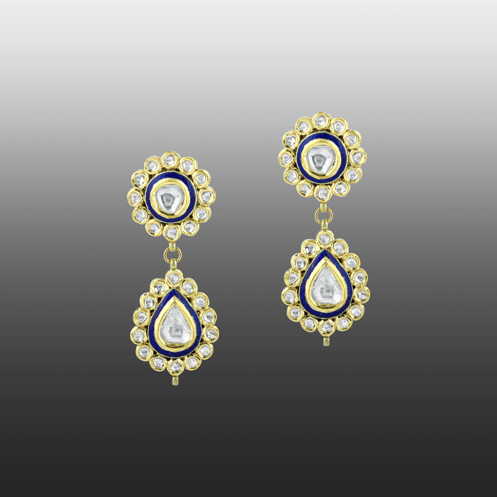 Polki Earrings with Blue Enamel and Drop